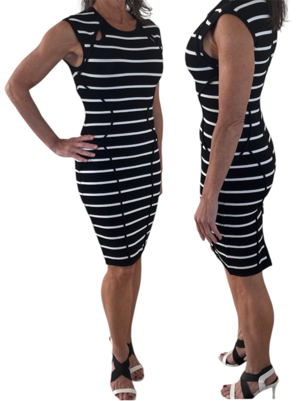 Guess Bodycon Striped Midi Dress - Black & White Size S